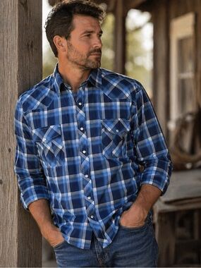 Coevals Club Mens Pearl Snap Shirt Sz XL Blue White Plaid Western Rodeo Cowboy